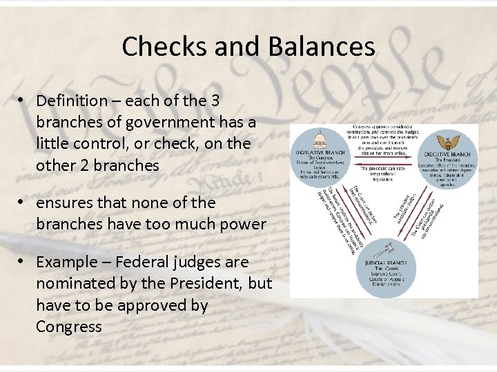 Checks and Balances • Definition – each of the 3 branches of government has