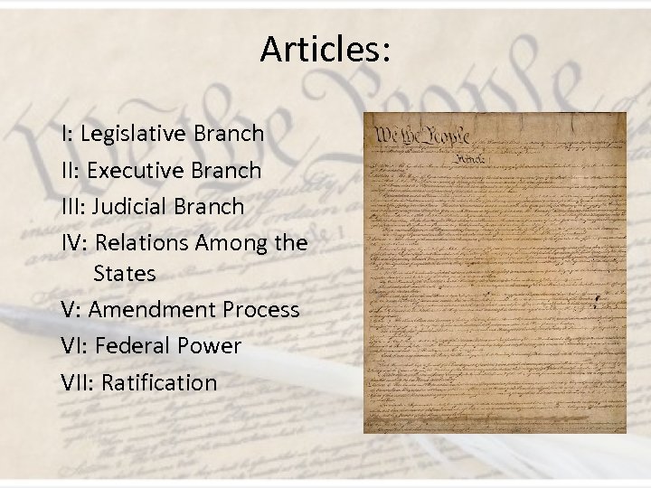 Articles: I: Legislative Branch II: Executive Branch III: Judicial Branch IV: Relations Among the