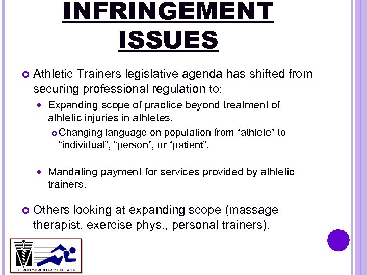 INFRINGEMENT ISSUES Athletic Trainers legislative agenda has shifted from securing professional regulation to: Expanding