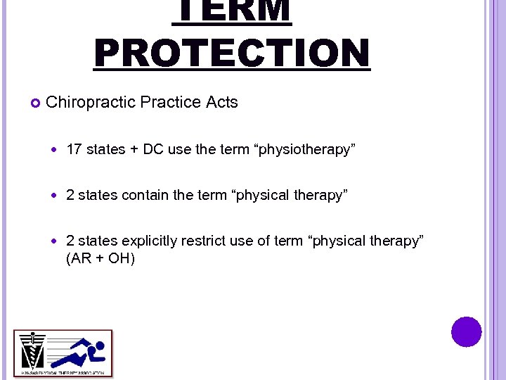 TERM PROTECTION Chiropractic Practice Acts 17 states + DC use the term “physiotherapy” 2