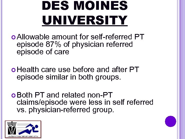 DES MOINES UNIVERSITY Allowable amount for self-referred PT episode 87% of physician referred episode