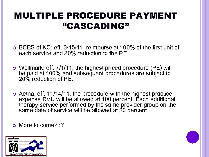 MULTIPLE PROCEDURE PAYMENT “CASCADING” BCBS of KC: eff. 3/15/11, reimburse at 100% of the