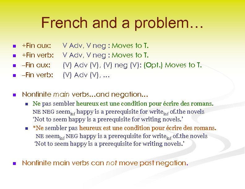 French and a problem… n +Fin aux: +Fin verb: –Fin aux: –Fin verb: n