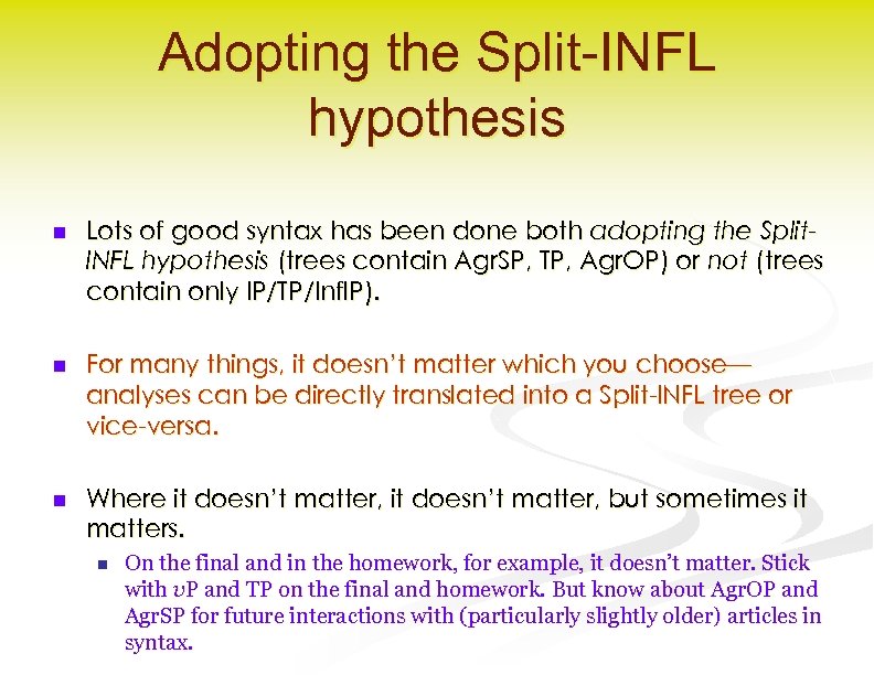 Adopting the Split-INFL hypothesis n Lots of good syntax has been done both adopting