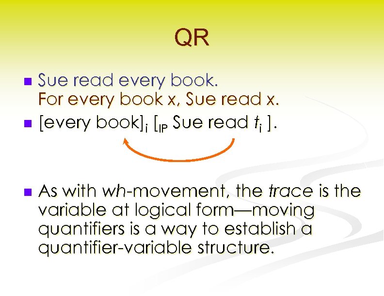 QR Sue read every book. For every book x, Sue read x. n [every