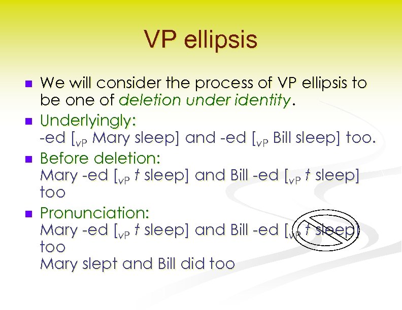 VP ellipsis n n We will consider the process of VP ellipsis to be