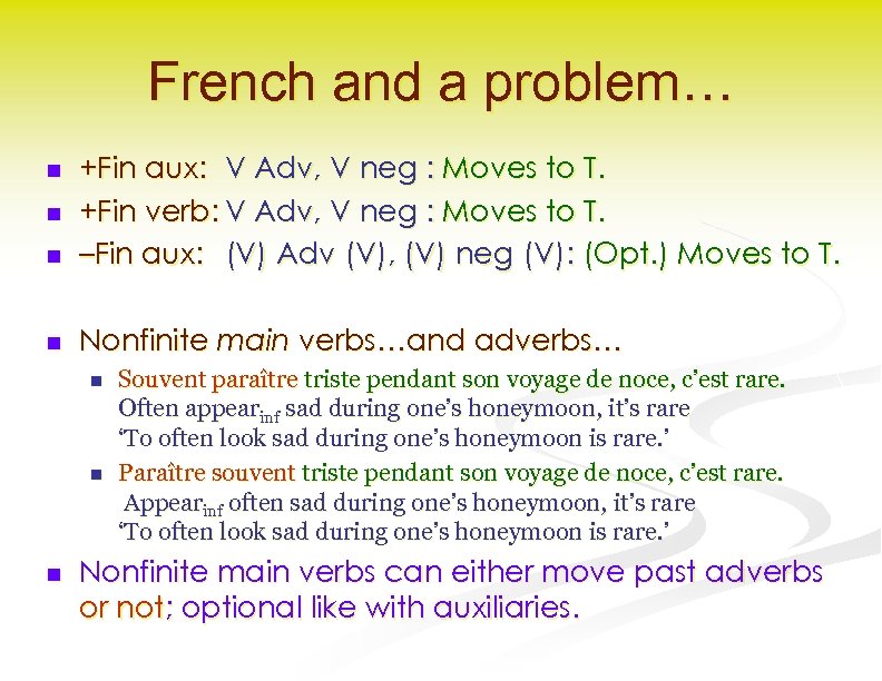 French and a problem… n +Fin aux: V Adv, V neg : Moves to