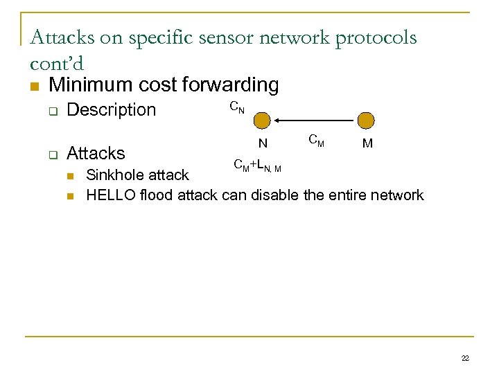 Attacks on specific sensor network protocols cont’d n Minimum cost forwarding q q Description