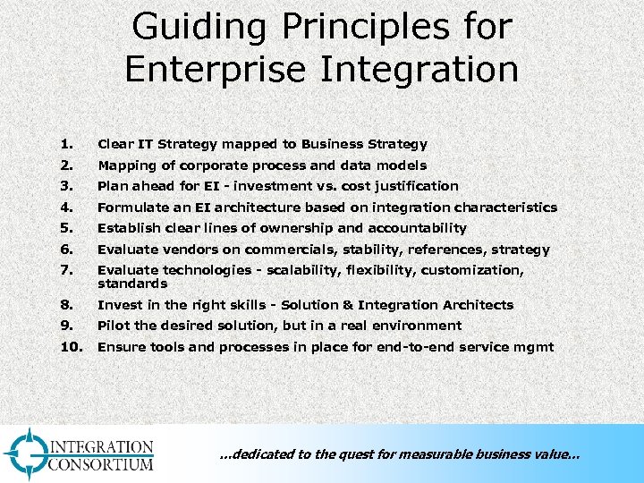 Guiding Principles for Enterprise Integration 1. Clear IT Strategy mapped to Business Strategy 2.