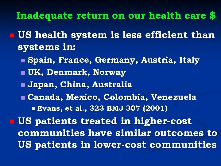 Inadequate return on our health care $ n US health system is less efficient