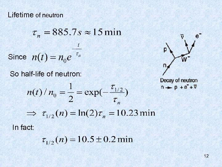 Lifetime of neutron Since So half-life of neutron: In fact: 12 