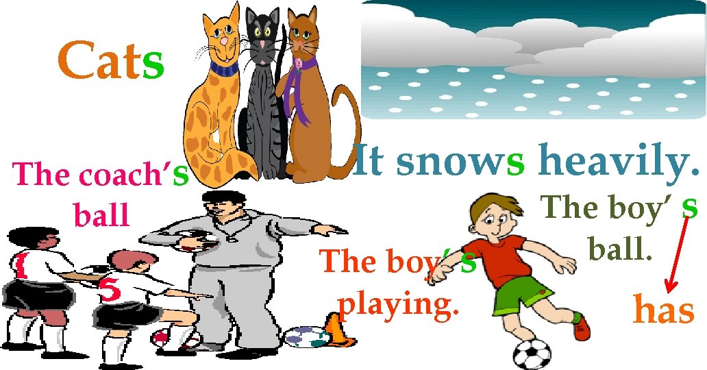 Cats The coach’s ball It snows heavily. The boy’ s playing. The boy’ s