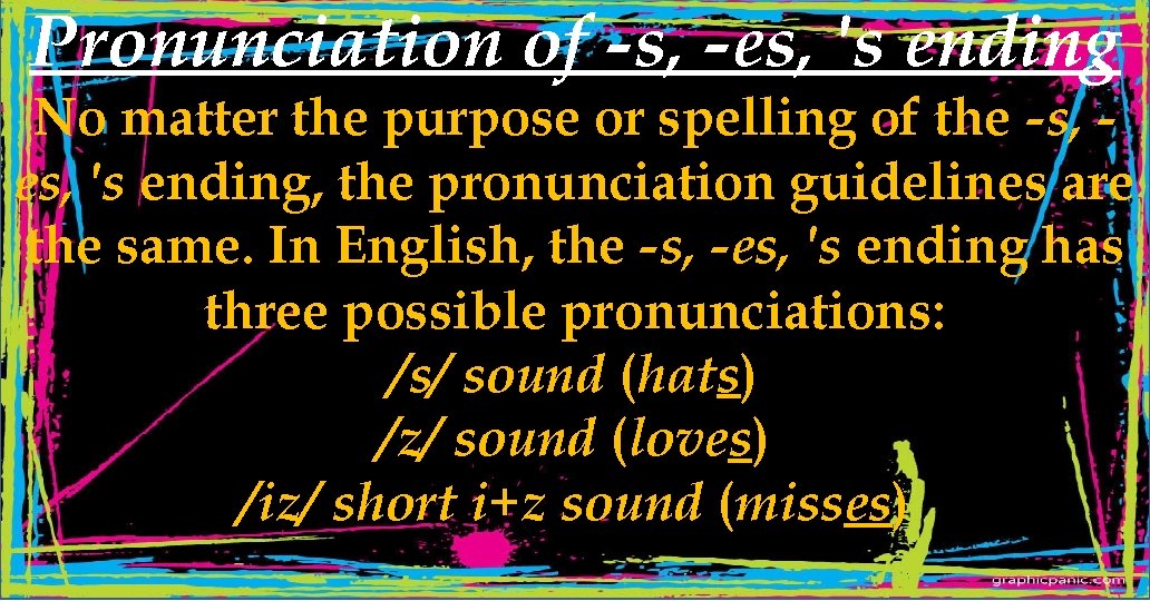 Pronunciation of -s, -es, 's ending No matter the purpose or spelling of the
