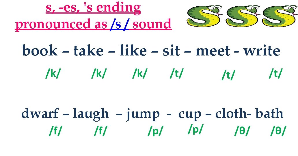 s, -es, 's ending pronounced as /s / sound book – take – like