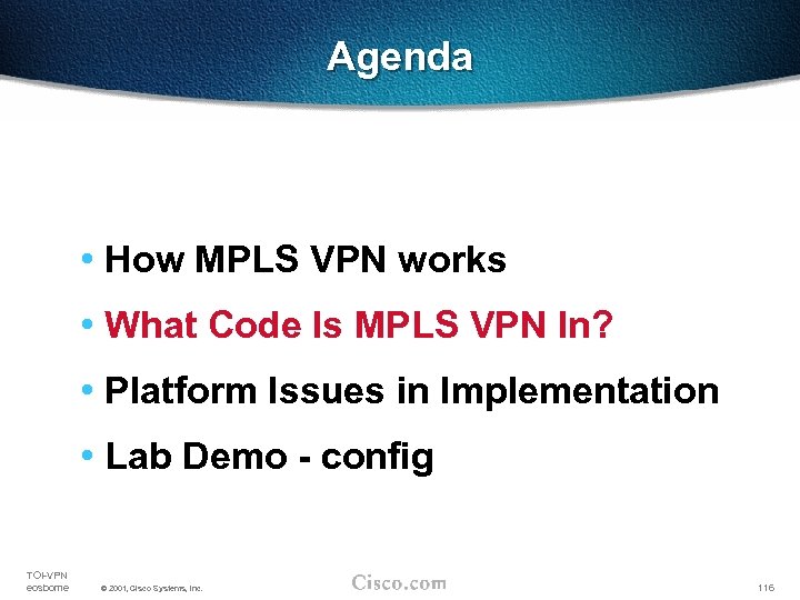 Agenda • How MPLS VPN works • What Code Is MPLS VPN In? •