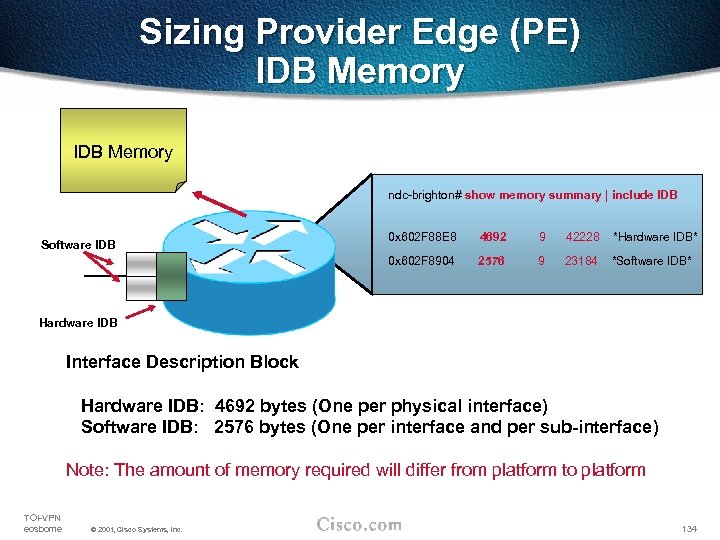 Sizing Provider Edge (PE) IDB Memory ndc-brighton# show memory summary | include IDB Software
