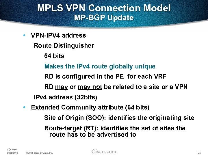 MPLS VPN Connection Model MP-BGP Update • VPN-IPV 4 address Route Distinguisher 64 bits