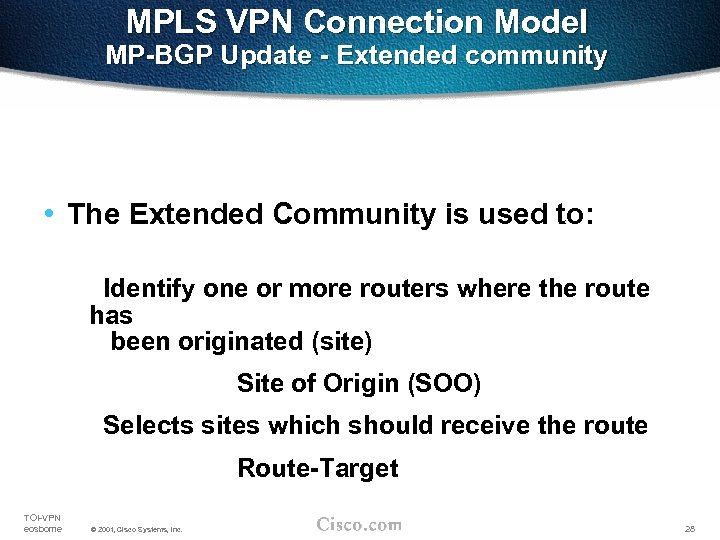 MPLS VPN Connection Model MP-BGP Update - Extended community • The Extended Community is