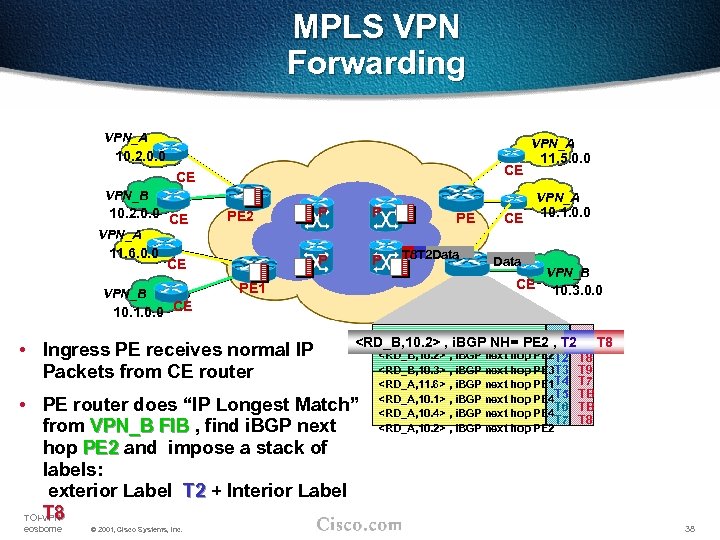 MPLS VPN Forwarding VPN_A 10. 2. 0. 0 CE CE VPN_B 10. 2. 0.