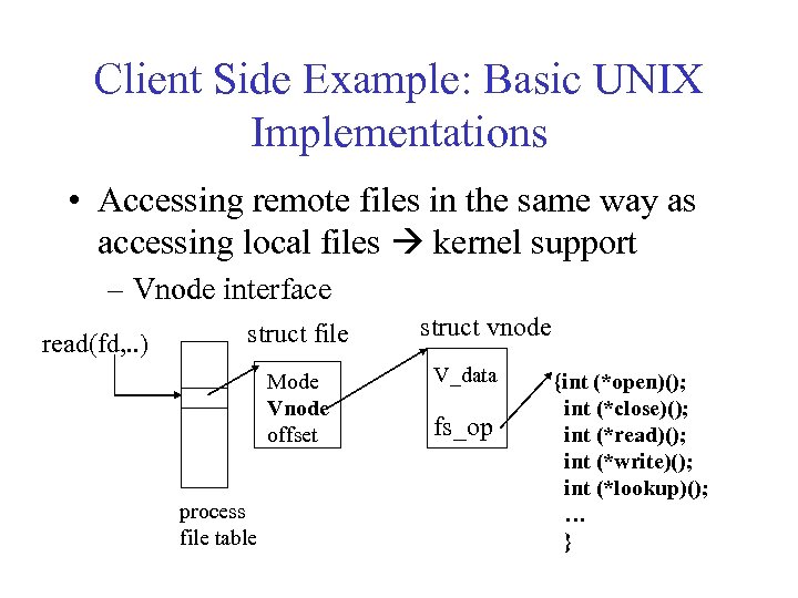 Client Side Example: Basic UNIX Implementations • Accessing remote files in the same way