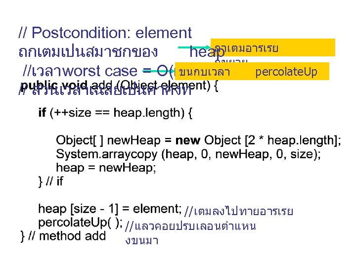 // Postcondition: element ถาเตมอารเรย ถกเตมเปนสมาชกของ heap กขยาย ขนกบเวลา percolate. Up //เวลา worst case =