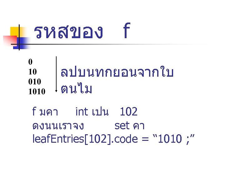 รหสของ f ลปบนทกยอนจากใบ ตนไม f มคา int เปน 102 ดงนนเราจง set คา leaf. Entries[102].