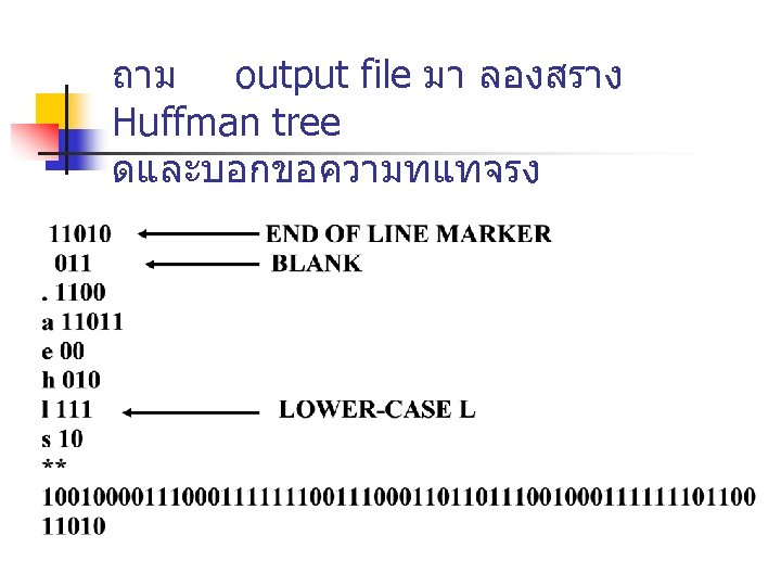 ถาม output file มา ลองสราง Huffman tree ดและบอกขอความทแทจรง 