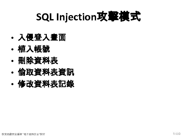 SQL Injection攻擊模式 • • • 入侵登入畫面 植入帳號 刪除資料表 偷取資料表資訊 修改資料表記錄 教育部顧問室編輯 “電子商務安全”教材 5 -110