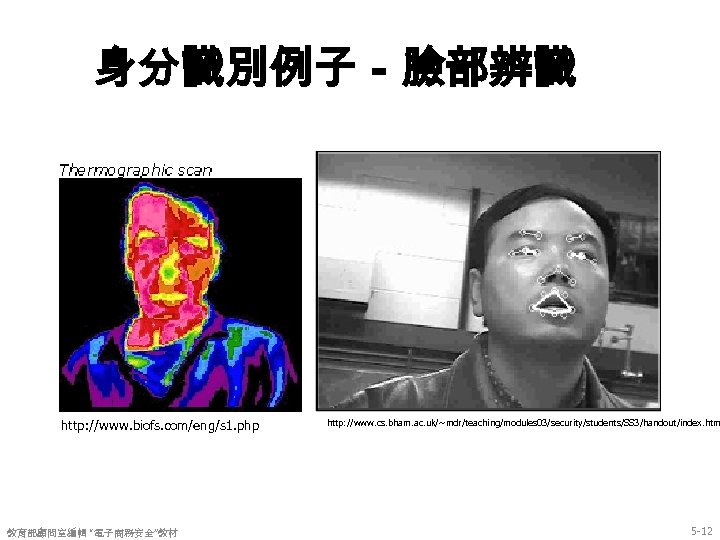 身分識別例子－臉部辨識 http: //www. biofs. com/eng/s 1. php 教育部顧問室編輯 “電子商務安全”教材 http: //www. cs. bham. ac.