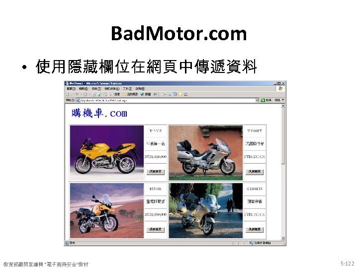 Bad. Motor. com • 使用隱藏欄位在網頁中傳遞資料 教育部顧問室編輯 “電子商務安全”教材 5 -122 