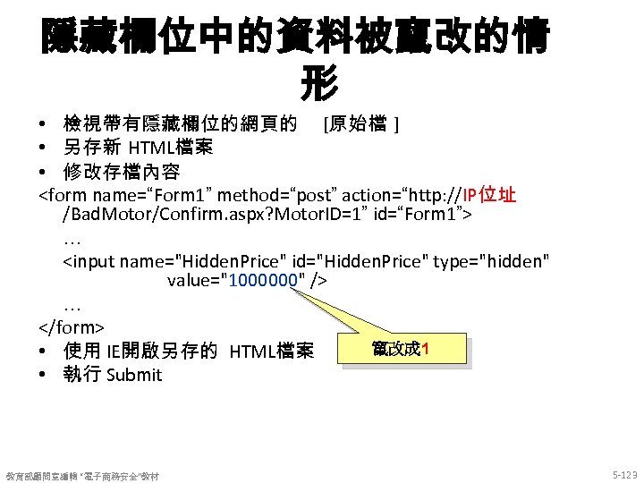 隱藏欄位中的資料被竄改的情 形 • 檢視帶有隱藏欄位的網頁的 [原始檔 ] • 另存新 HTML檔案 • 修改存檔內容 <form name=“Form 1”