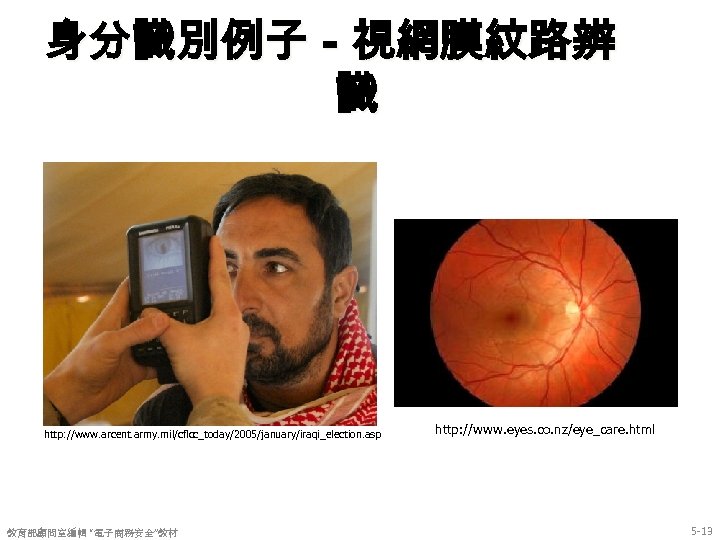 身分識別例子－視網膜紋路辨 識 http: //www. arcent. army. mil/cflcc_today/2005/january/iraqi_election. asp 教育部顧問室編輯 “電子商務安全”教材 http: //www. eyes. co.