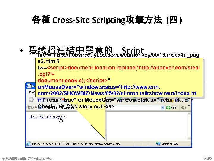 各種 Cross-Site Scripting攻擊方法 (四 ) <a • 隱藏超連結中惡意的 Script href="http: //hotwired. lycos. com/webmonkey/00/18/index 3