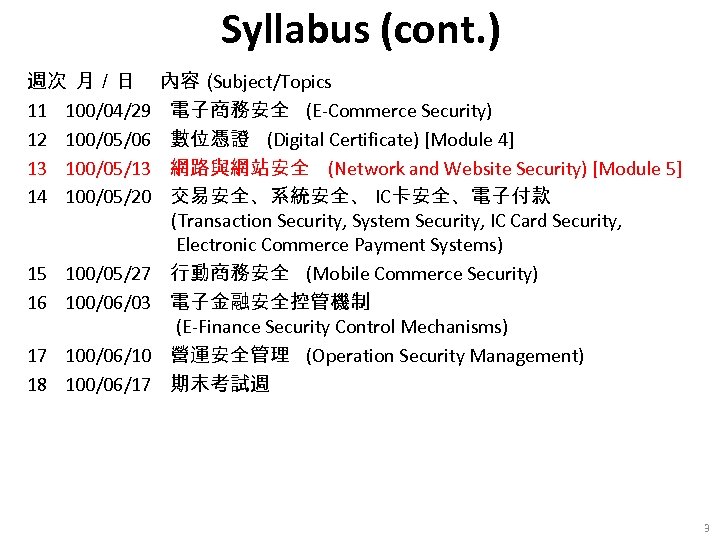 Syllabus (cont. ) 週次 月／日 11 100/04/29 12 100/05/06 13 100/05/13 14 100/05/20 15