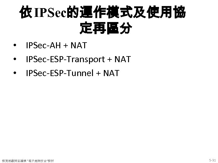 依 IPSec的運作模式及使用協 定再區分 • IPSec-AH + NAT • IPSec-ESP-Transport + NAT • IPSec-ESP-Tunnel +