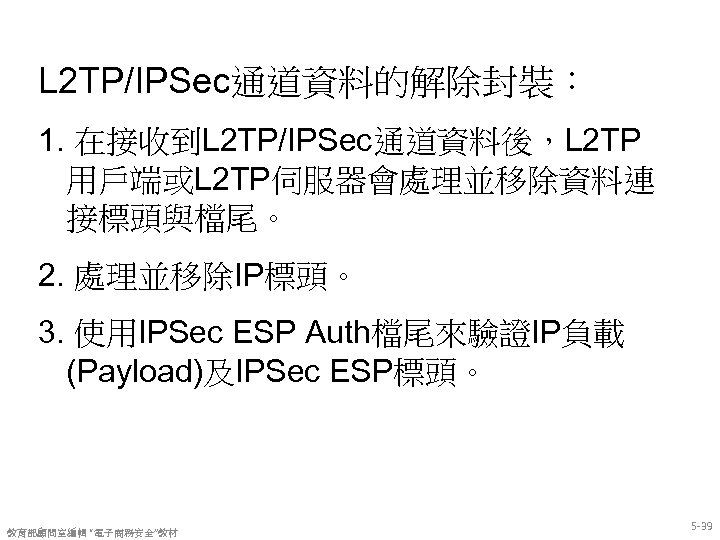 L 2 TP/IPSec通道資料的解除封裝： 1. 在接收到L 2 TP/IPSec通道資料後，L 2 TP 用戶端或L 2 TP伺服器會處理並移除資料連 接標頭與檔尾。 2.