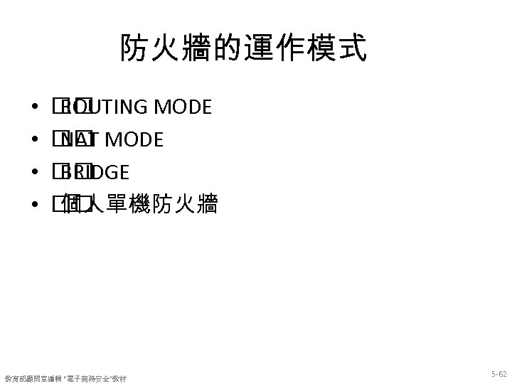 防火牆的運作模式 • • ROUTING MODE NAT BRIDGE 個人單機防火牆 教育部顧問室編輯 “電子商務安全”教材 5 -62 