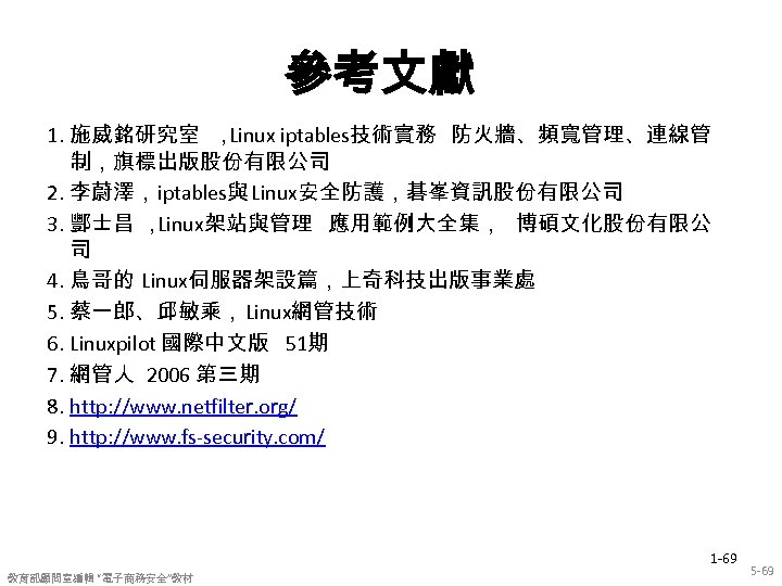參考文獻 1. 施威銘研究室 ， Linux iptables技術實務 防火牆、頻寬管理、連線管 制，旗標出版股份有限公司 2. 李蔚澤，iptables與 Linux安全防護，碁峯資訊股份有限公司 3. 酆士昌 ，