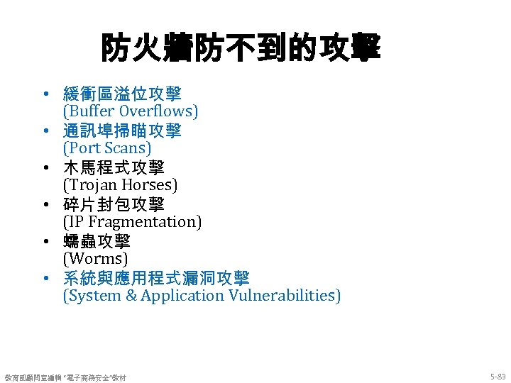 防火牆防不到的攻擊 • 緩衝區溢位攻擊 (Buffer Overflows) • 通訊埠掃瞄攻擊 (Port Scans) • 木馬程式攻擊 (Trojan Horses) •