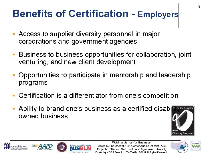 Benefits of Certification - Employers § Access to supplier diversity personnel in major corporations