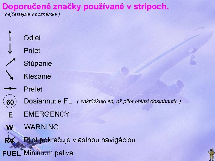 Doporučené značky používané v stripoch. ( najčastejšie v poznámke ) Odlet Prílet Stúpanie Klesanie