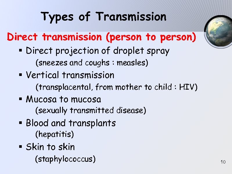 Types of Transmission Direct transmission (person to person) § Direct projection of droplet spray