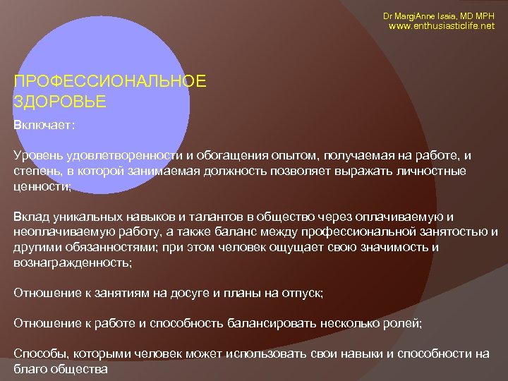  Dr Margi. Anne Isaia, MD MPH www. enthusiasticlife. net ПРОФЕССИОНАЛЬНОЕ ЗДОРОВЬЕ Включает: Уровень