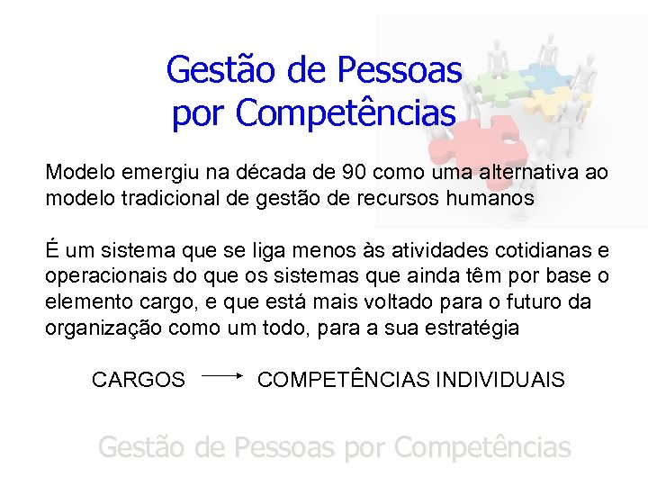 Gestão de Pessoas por Competências Modelo emergiu na década de 90 como uma alternativa