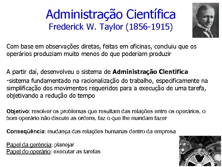 Administração Científica Frederick W. Taylor (1856 -1915) Com base em observações diretas, feitas em
