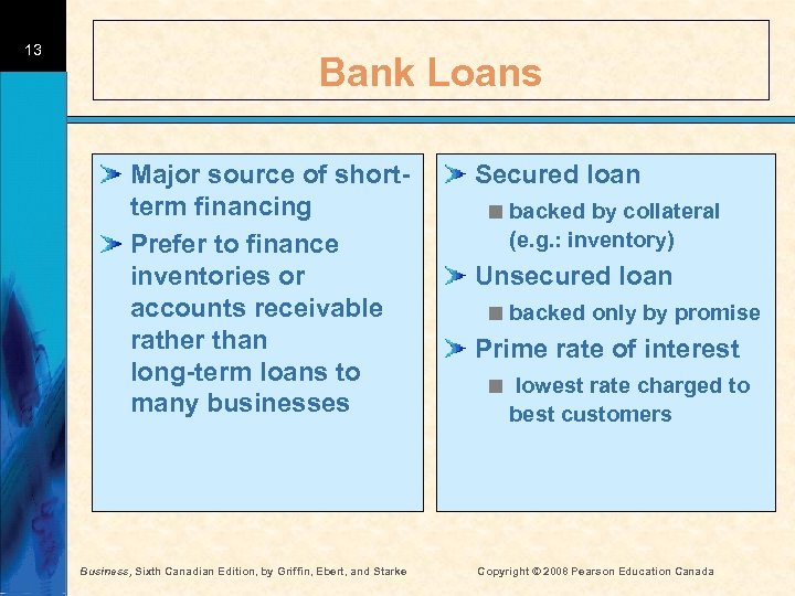 13 Bank Loans Major source of shortterm financing Prefer to finance inventories or accounts