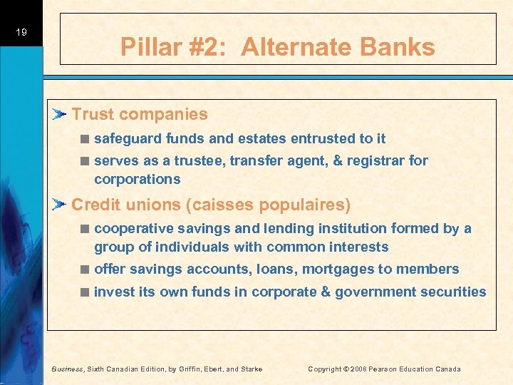 19 Pillar #2: Alternate Banks Trust companies < safeguard funds and estates entrusted to