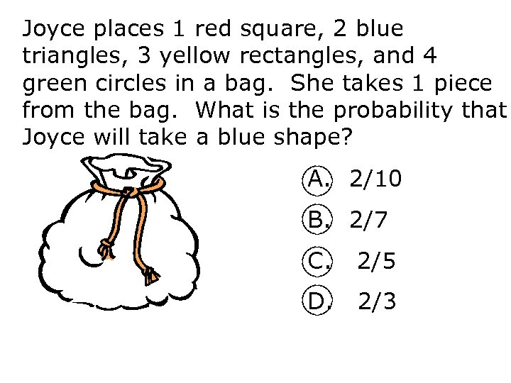 Joyce places 1 red square, 2 blue triangles, 3 yellow rectangles, and 4 green