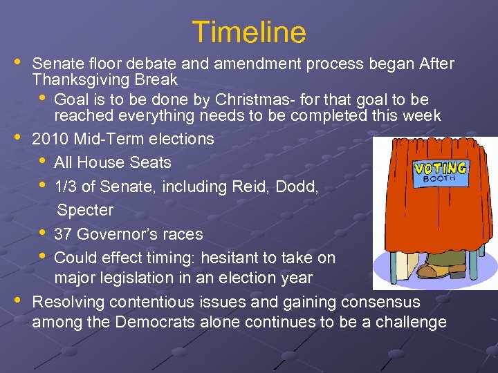  • • • Timeline Senate floor debate and amendment process began After Thanksgiving